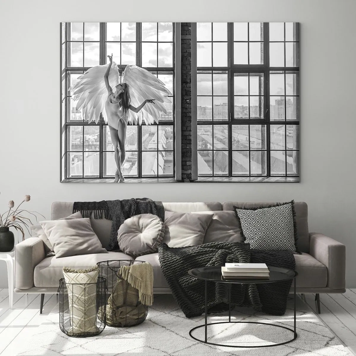 Schilderen op glas - Ballerina met engelenvleugels in zwart-wit - 70x50cm - Stad der Engelen? - Moderne wanddecoratie voor woonkamer en slaapkamer ARTTOR