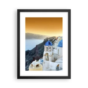 Poster in een zwarte lijst - Santorini - genesteld tegen de rotsen - 30x40 cm