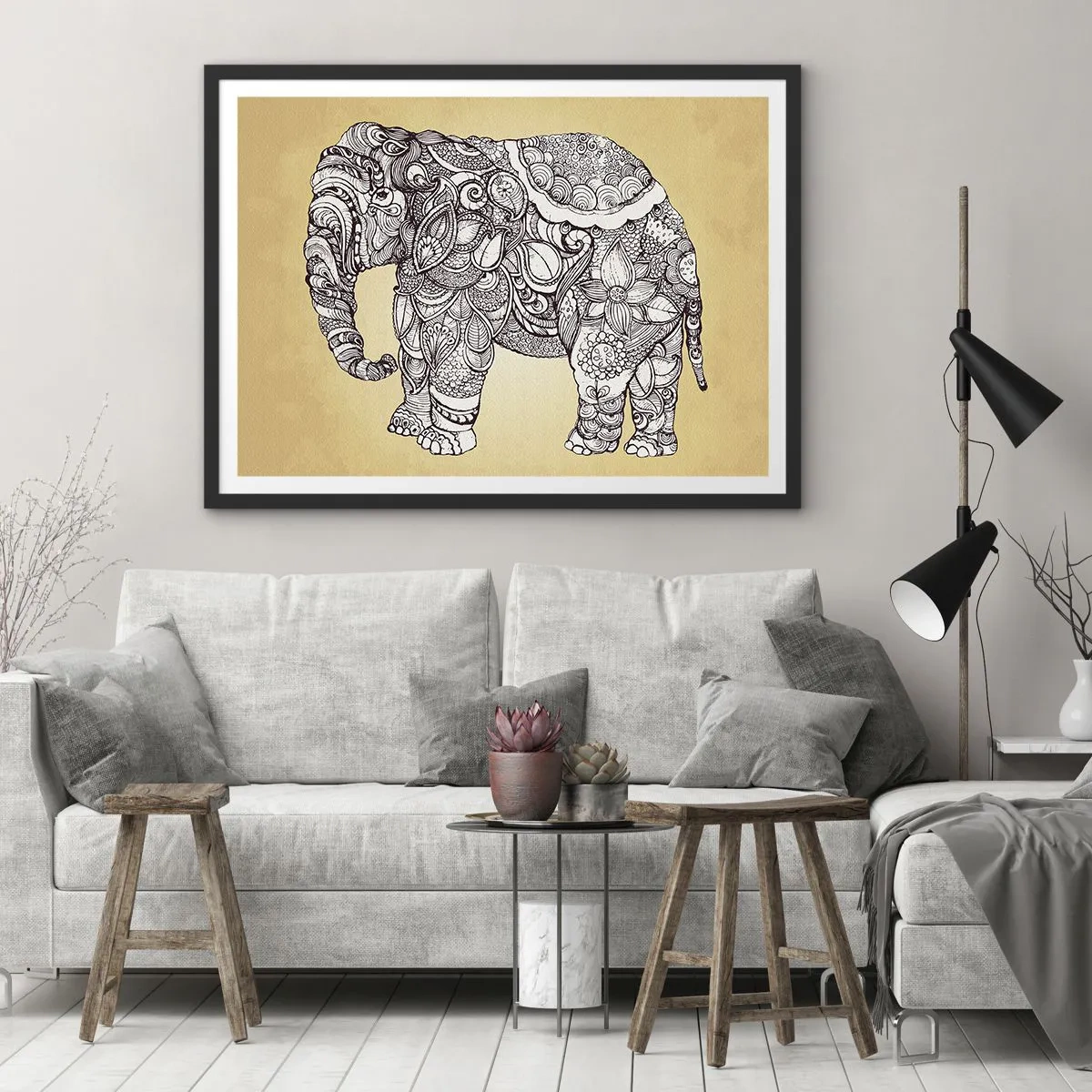 Poster in een zwarte lijst - De olifant heeft zichzelf bedekt - 100x70 cm