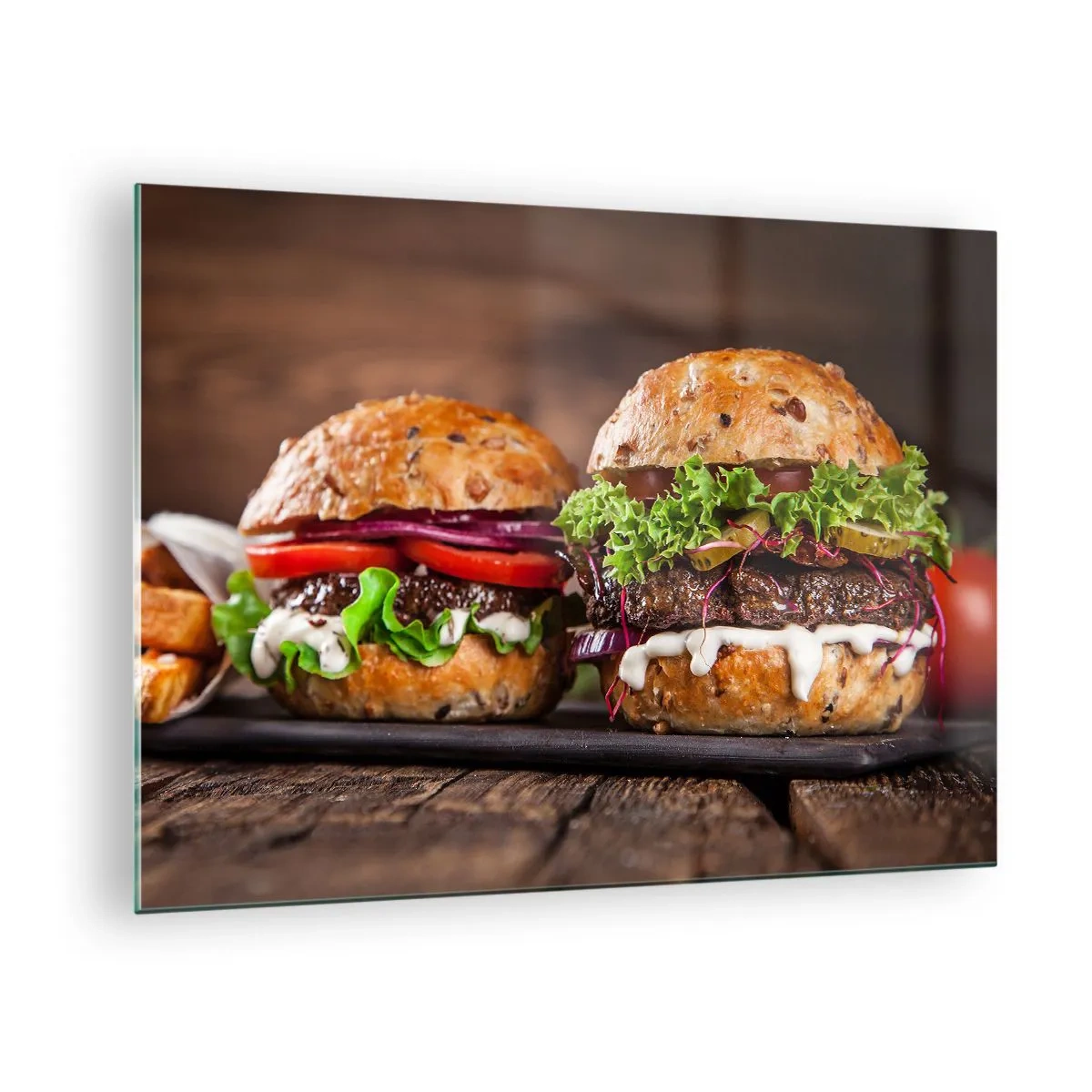 Schilderen op glas - Smakelijke hamburgers met groenten en saus - 70x50cm - Amerikaanse droom - Moderne wanddecoratie voor woonkamer en slaapkamer ARTTOR