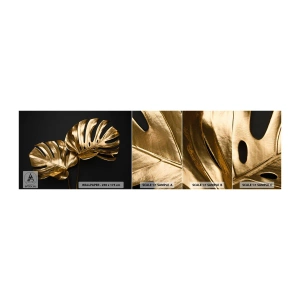 Fotobehang Monster Zelfklevend Deluxe Sticker - De schatten van de natuur - Abstractie, Gouden bladeren, Monstera-blad - 100x30 cm