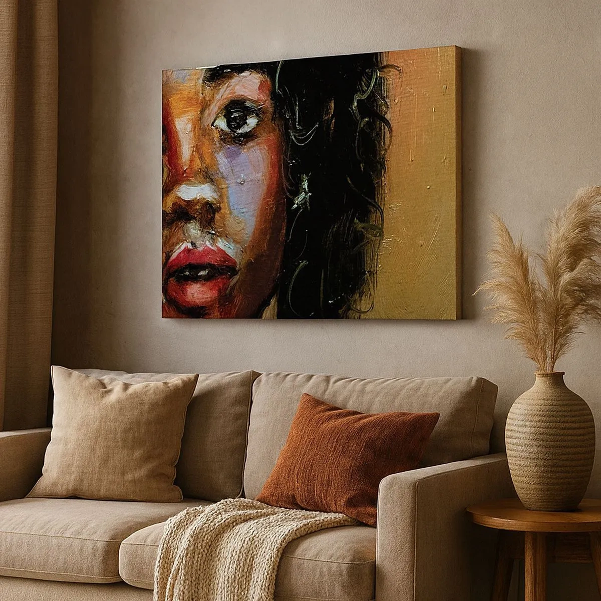Schilderen op canvas - Expressief portret van een vrouw in intense kleuren. - 70x50cm - Zwart en gloed - Moderne wanddecoratie voor woonkamer en slaapkamer ARTTOR