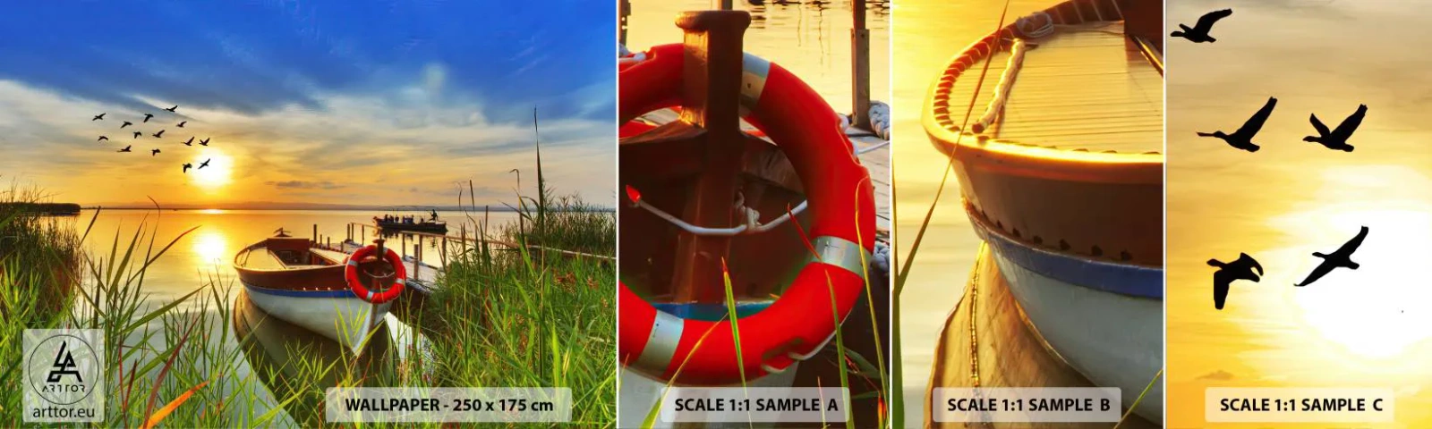 Fotobehang Monster Zelfklevend Deluxe Sticker - De aalscholvers vliegen al weg - Landschap, Meer, Zonsondergang - 100x30 cm