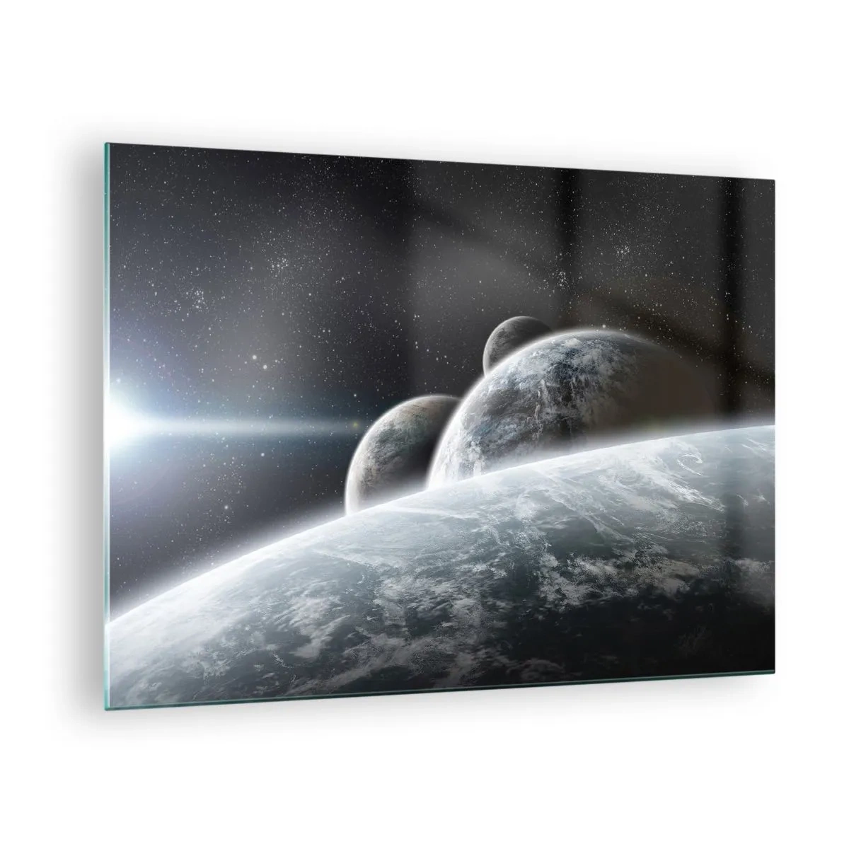 Schilderen op glas - Planeten in de ruimte met een lichtstraal - 70x50cm - Kosmische muziek van de sferen - Moderne wanddecoratie voor woonkamer en slaapkamer ARTTOR