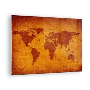 Schilderen op glas - Een wereldkaart in warme, sepia-getinte kleuren - 70x50cm - Een uitnodiging om op reis te gaan - Moderne wanddecoratie voor woonkamer en slaapkamer ARTTOR