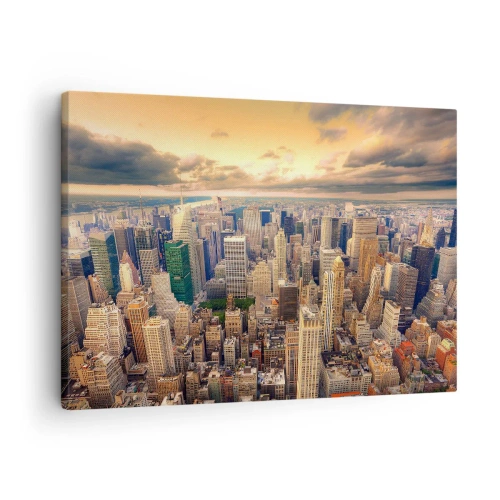 Schilderen op canvas - Stadspanorama met uitzicht op wolkenkrabbers bij zonsondergang - 70x50cm - Vergulde metropool - Moderne wanddecoratie voor woonkamer en slaapkamer ARTTOR