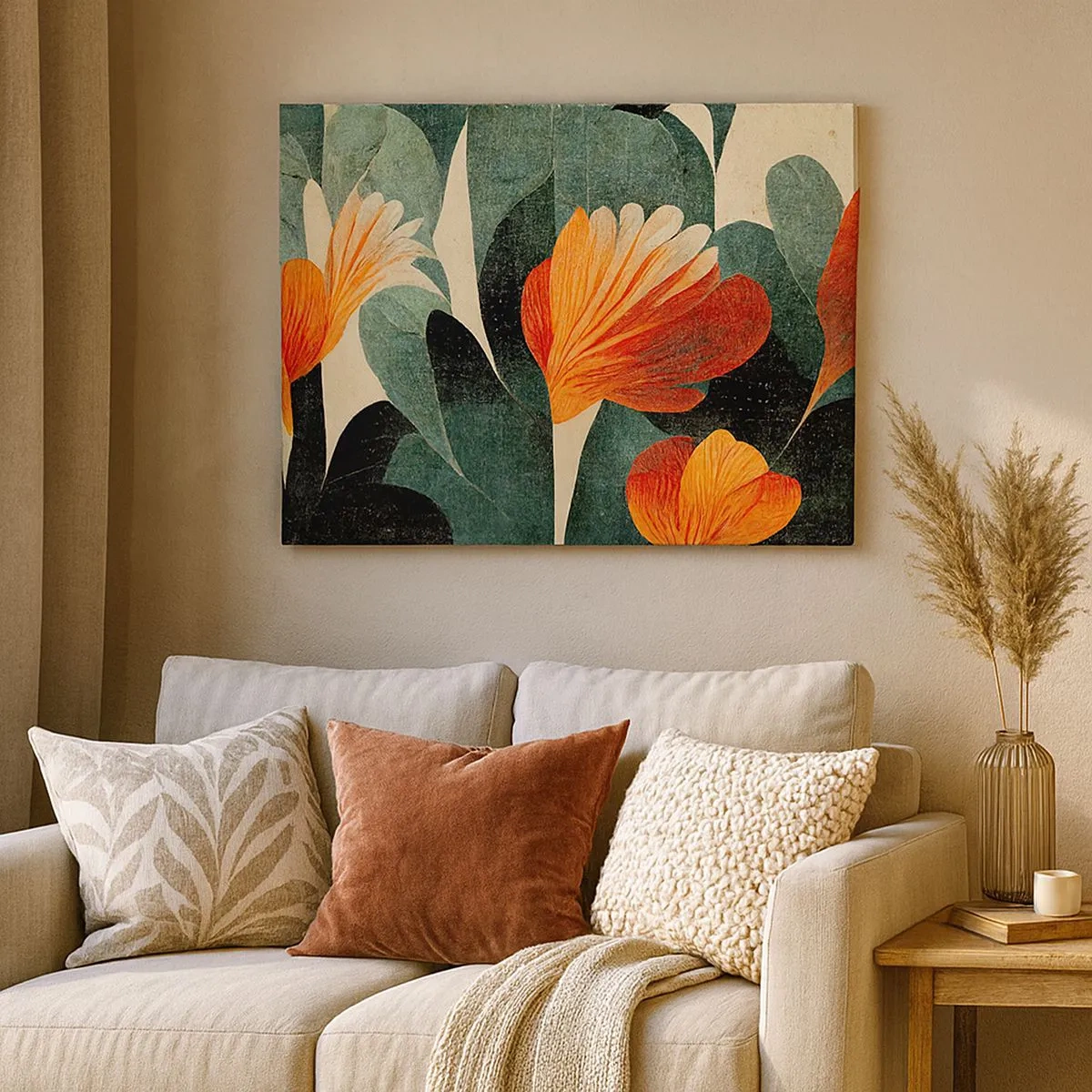 Schilderen op canvas - Bloemen in intense tinten oranje en groen - 70x50cm - De hitte van de tropen en de koelte van het groen - Moderne wanddecoratie voor woonkamer en slaapkamer ARTTOR