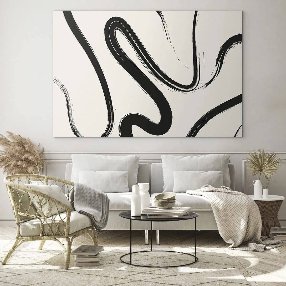 Schilderen op glas - Dynamische zwarte lijnen op een lichte achtergrond in een abstracte stijl. - 70x50cm - Zwart-wit eigenzinnigheid - Moderne wanddecoratie voor woonkamer en slaapkamer ARTTOR