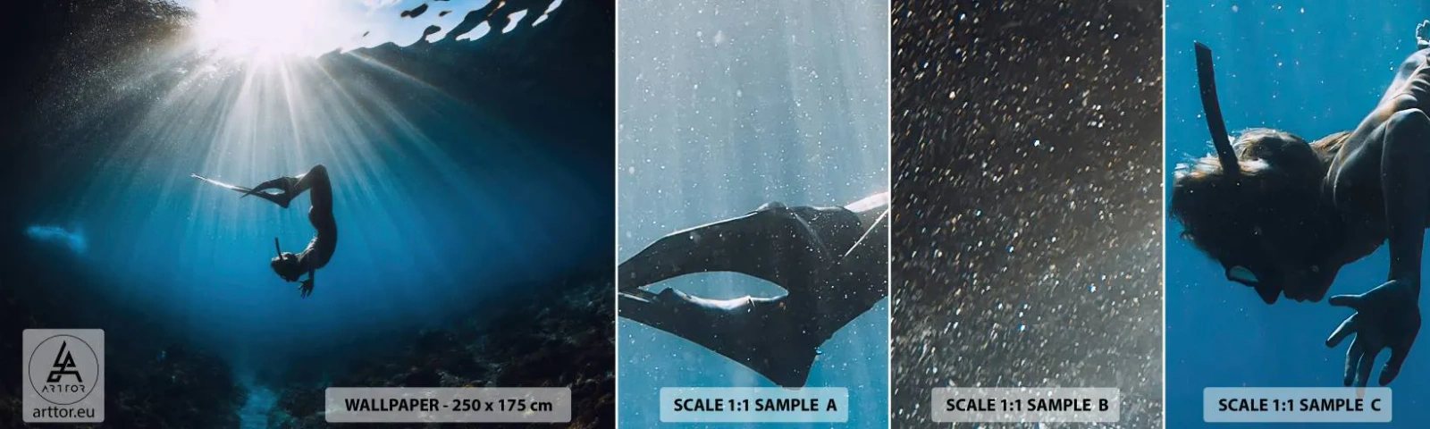 Fotobehang Staaltje Standard Eco - onderwaterdans - Onderwater grot, Stralen van de zon, Duiken - 100x30 cm