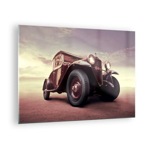 Schilderen op glas - Iconische klassieke auto in sepiatinten in de open lucht - 70x50cm - Laten we teruggaan zoals in de oude dagen - Moderne wanddecoratie voor woonkamer en slaapkamer ARTTOR