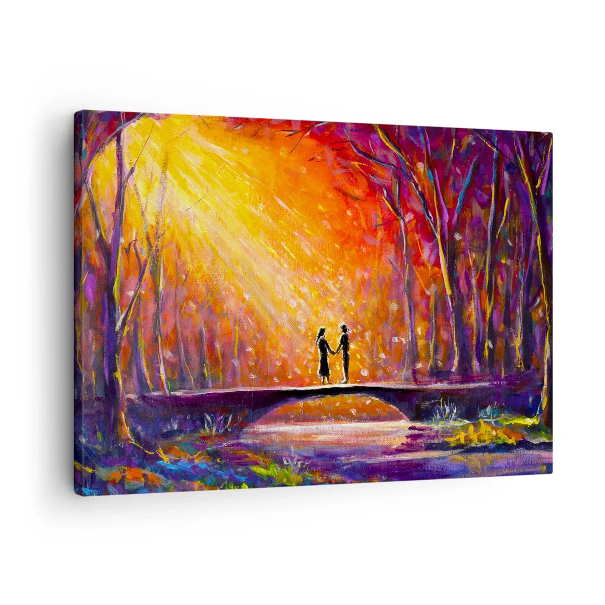 Schilderen op canvas - Romantisch stel op een brug in het herfstbos - 70x50cm - De hemel houdt ook van hen - Moderne wanddecoratie voor woonkamer en slaapkamer ARTTOR