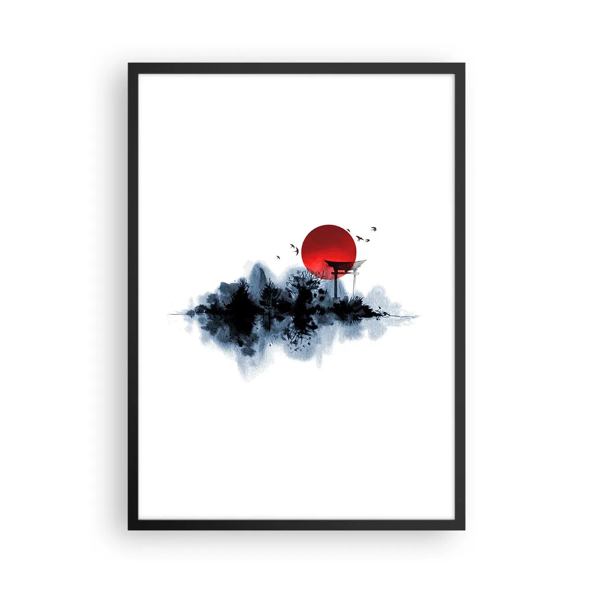 Poster in een zwarte lijst - De rode zonneschijf boven de Japanse Torii-poort - 50x70cm - Japanse weergave - Moderne wanddecoratie voor woonkamer en slaapkamer ARTTOR