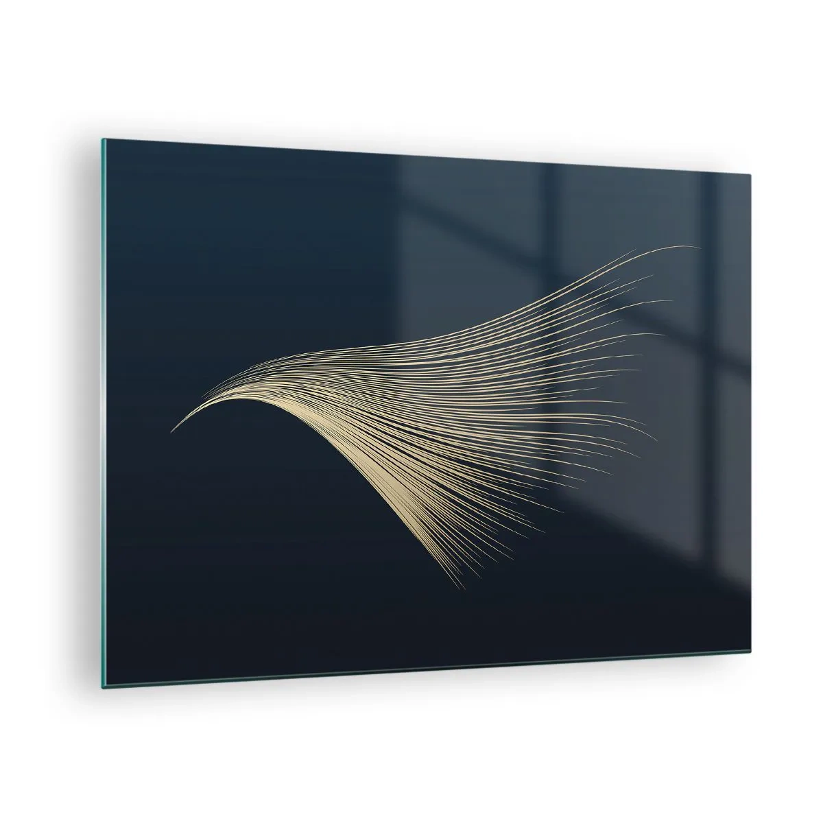 Schilderen op glas - Een gouden lijn die lijkt op een vleugel op een marineblauwe achtergrond - 70x50cm - Als het haar van een engel - Moderne wanddecoratie voor woonkamer en slaapkamer ARTTOR
