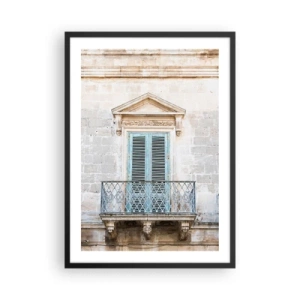 Poster in een zwarte lijst - Historisch balkon met blauwe luiken in mediterrane stijl - 50x70cm - De unieke charme van Italië - Moderne wanddecoratie voor woonkamer en slaapkamer ARTTOR