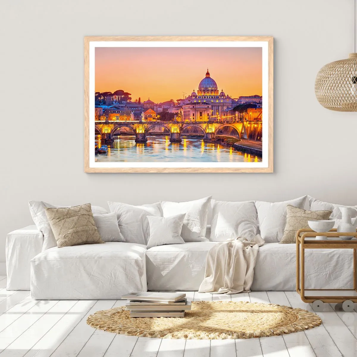 Een poster in een licht eiken lijst - Zonsondergang boven de Eeuwige Stad - 70x50 cm