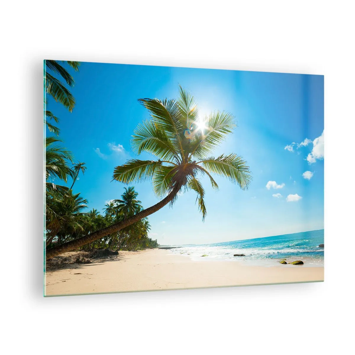 Schilderen op glas - Tropisch strand met palmbomen en blauwe lucht - 70x50cm - Aan niemand laten zien - Moderne wanddecoratie voor woonkamer en slaapkamer ARTTOR