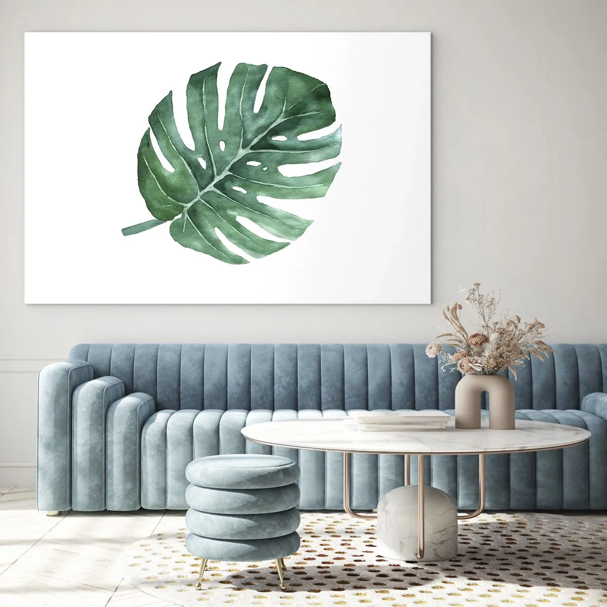 Schilderen op glas - Groen monsterablad op een witte achtergrond - 70x50cm - Groen concept - Moderne wanddecoratie voor woonkamer en slaapkamer ARTTOR