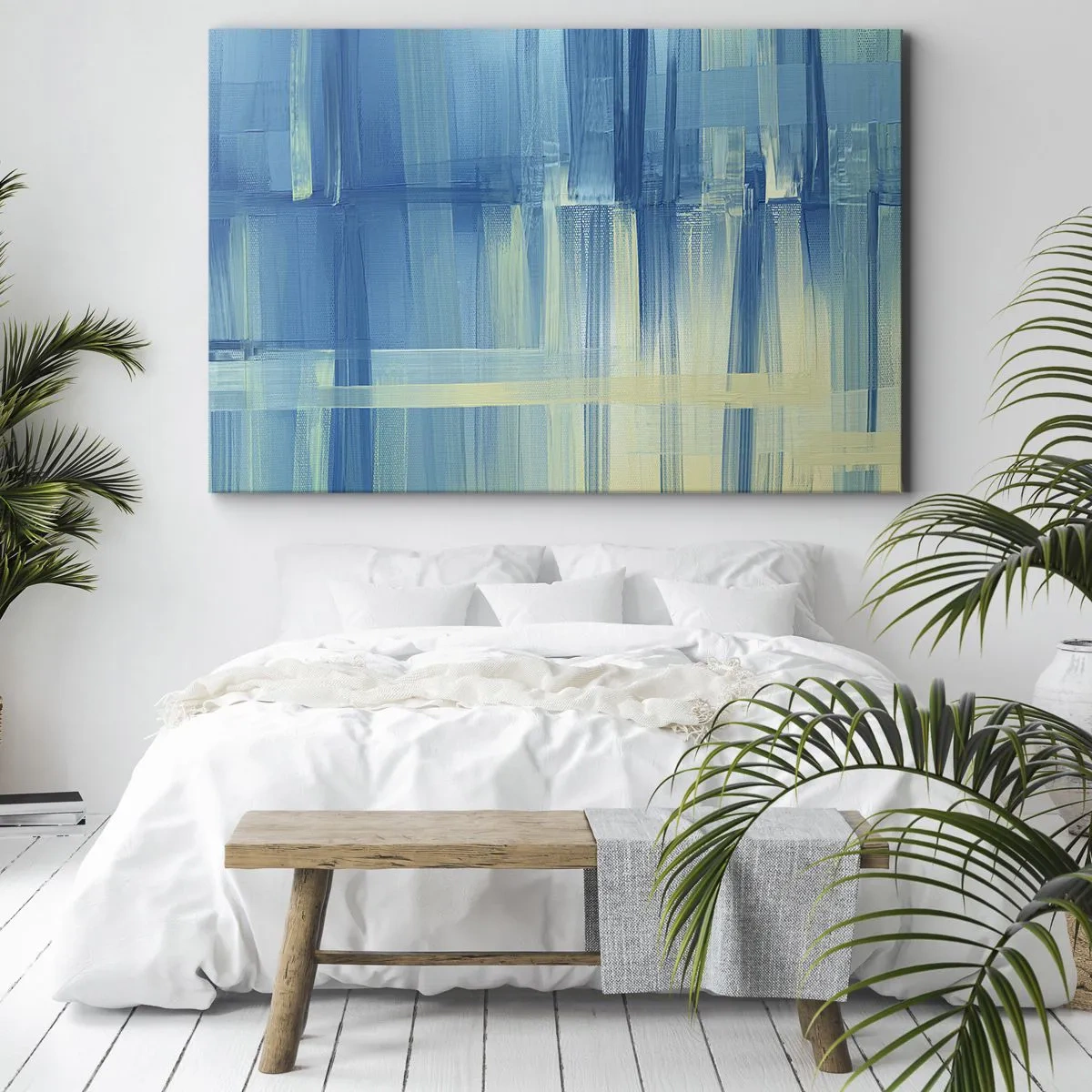 Schilderen op canvas - Een abstract schilderij in tinten turquoise en blauw met geometrische penseelstreken. - 70x50cm - Compositie in turkoois - Moderne wanddecoratie voor woonkamer en slaapkamer ARTTOR
