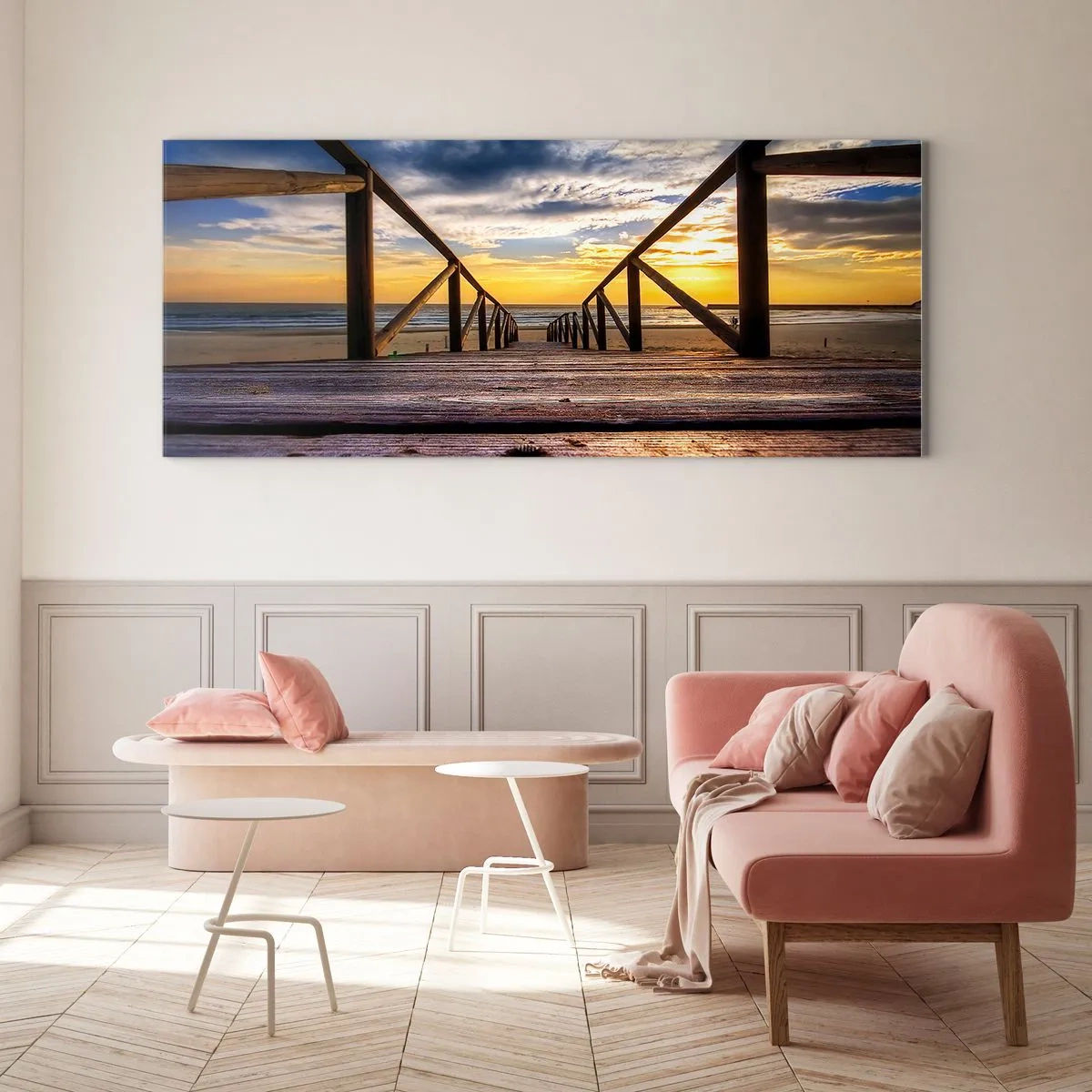 Schilderen op glas - Rechtstreeks naar het rustige strand bij zonsondergang - 140x50 cm
