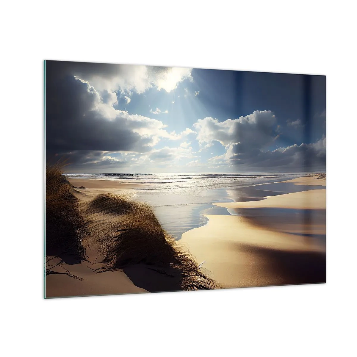 Schilderen op glas - Een wild strand verlicht door de zonnestralen vanonder de wolken - 70x50cm - Strand, wild strand - Moderne wanddecoratie voor woonkamer en slaapkamer ARTTOR