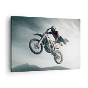Schilderen op canvas - Motorrijder in de lucht tijdens een sprong - 70x50cm - Er is geen plezier zonder risico - Moderne wanddecoratie voor woonkamer en slaapkamer ARTTOR