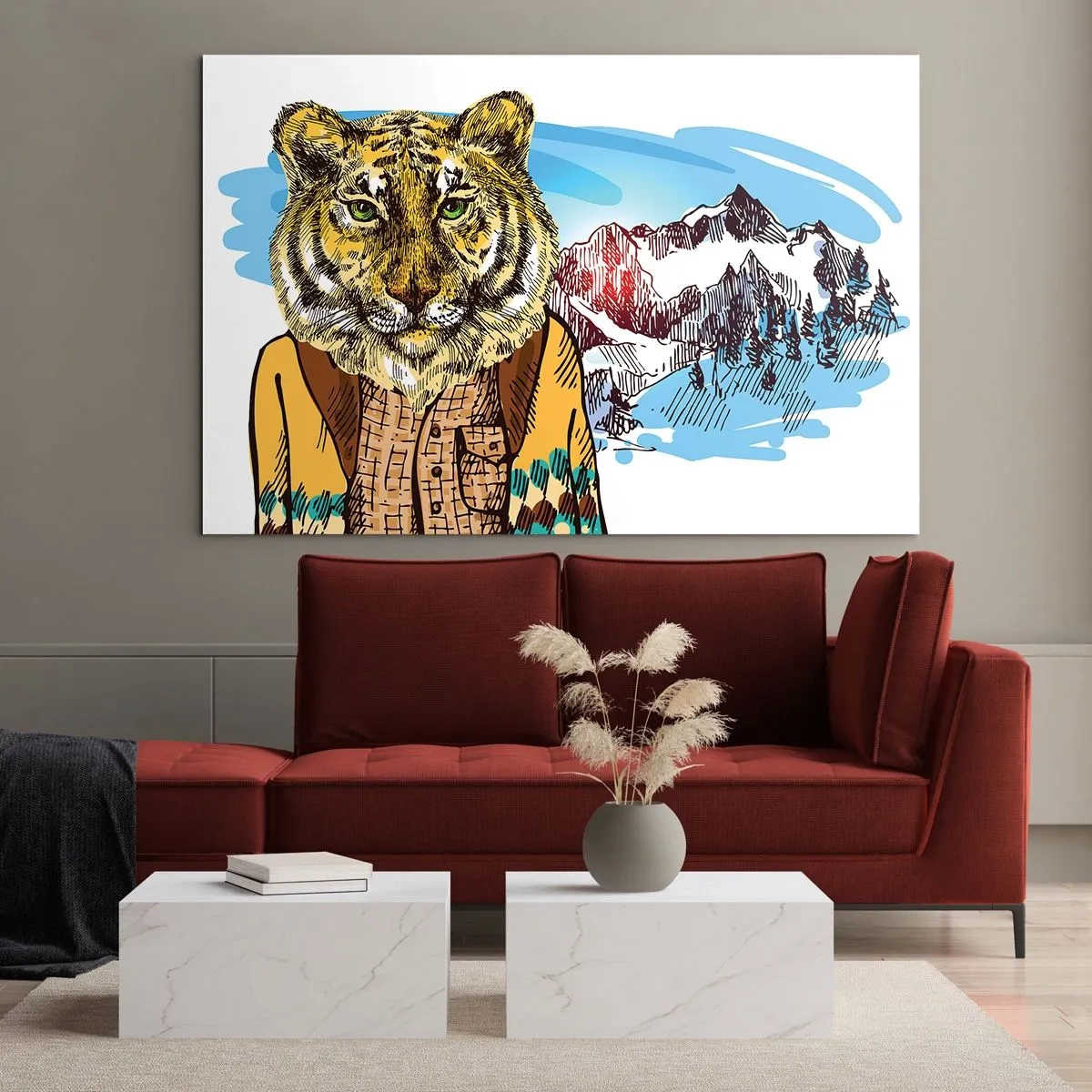 Schilderen op glas - Een tijger in een vest tegen een berglandschap - 70x50cm - Niet zo wild als ze hem tekenen - Moderne wanddecoratie voor woonkamer en slaapkamer ARTTOR