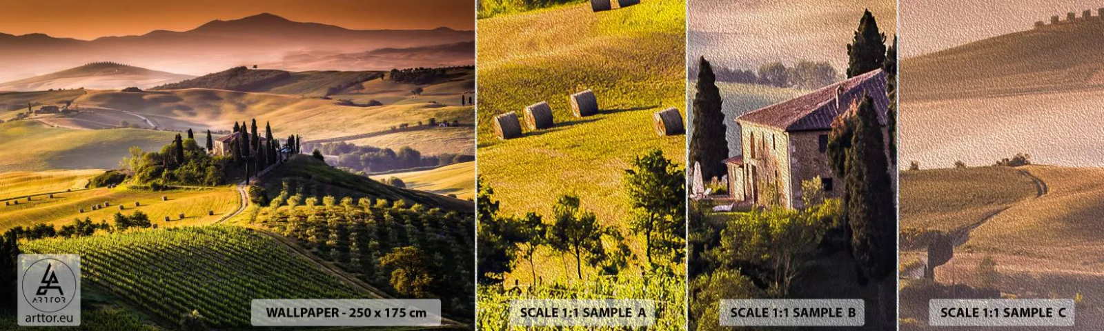 Fotobehang Monster Premium Sand - Arcadia - het Toscaanse landschap - Landschap, Toscane, Wijngaarden - 100x30 cm