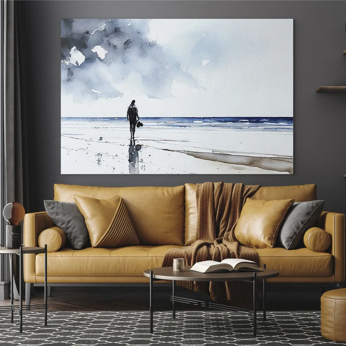 Schilderen op glas - Silhouet van een persoon aan de kust in delicate aquarel - 70x50cm - Gesprek met de zee - Moderne wanddecoratie voor woonkamer en slaapkamer ARTTOR