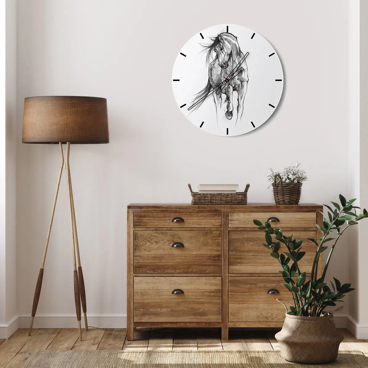 Wandklok - Klok - Een potloodschets van een galopperend paard op een witte achtergrond. - 30x30cm - In een sierlijke draf - Moderne wanddecoratie voor woonkamer, keuken en slaapkamer ARTTOR