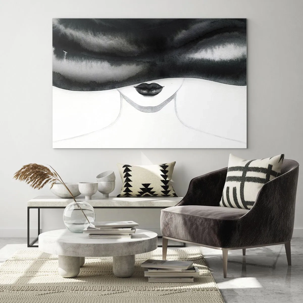 Schilderen op glas - Mysterieus gezicht met bedekte ogen in zwart-witte waterverf - 70x50cm - Een sensueel mysterie - Moderne wanddecoratie voor woonkamer en slaapkamer ARTTOR