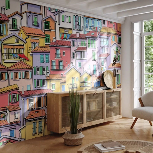 Zelfklevend Fotobehang Deluxe Sticker - Vrolijke stad - Stad, Huurkazernes, Huizen - 300x210 cm