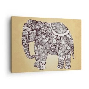 Schilderen op canvas - Handgetekende olifant met een sierlijk patroon op een beige achtergrond - 70x50cm - De olifant heeft zichzelf bedekt - Moderne wanddecoratie voor woonkamer en slaapkamer ARTTOR
