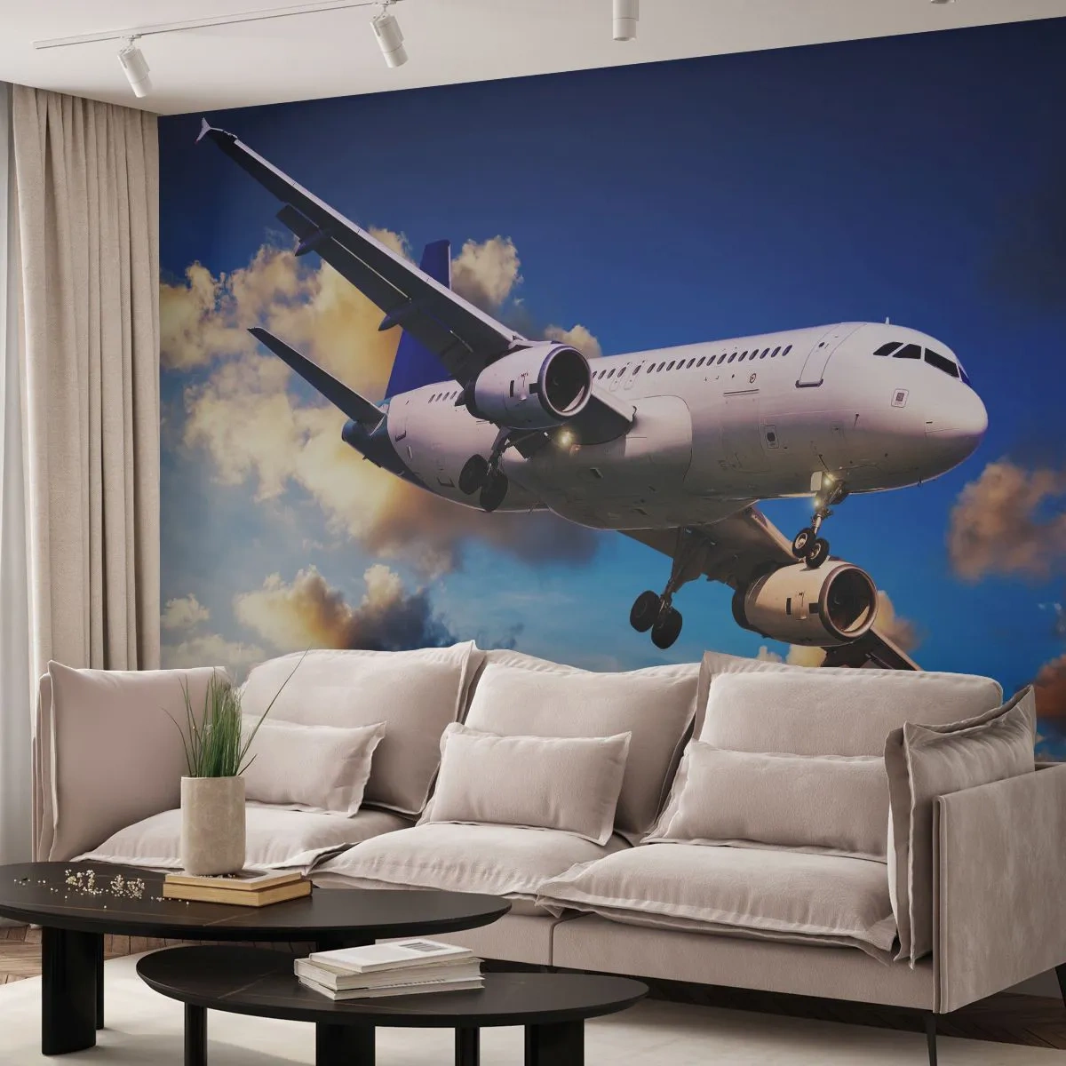 Fotobehang Standard Eco - Een reis in wit en blauw - Vliegtuig, Reis, Hemel Met Wolken - 400x280 cm