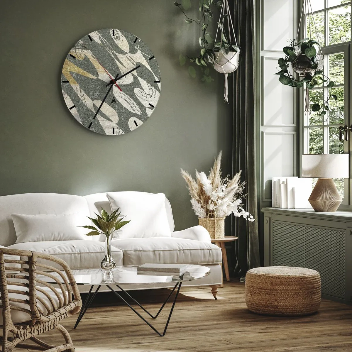Wandklok - Klok - Organische, ritmische vormen op een olijfkleurige achtergrond - 30x30cm - Ritmische abstractie - Moderne wanddecoratie voor woonkamer, keuken en slaapkamer ARTTOR