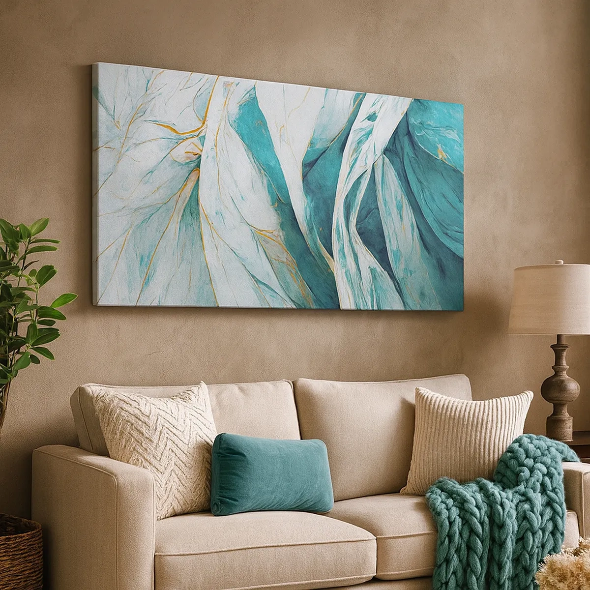 Schilderen op canvas - Blauwe abstractie met een gouden motief - 30x30 cm