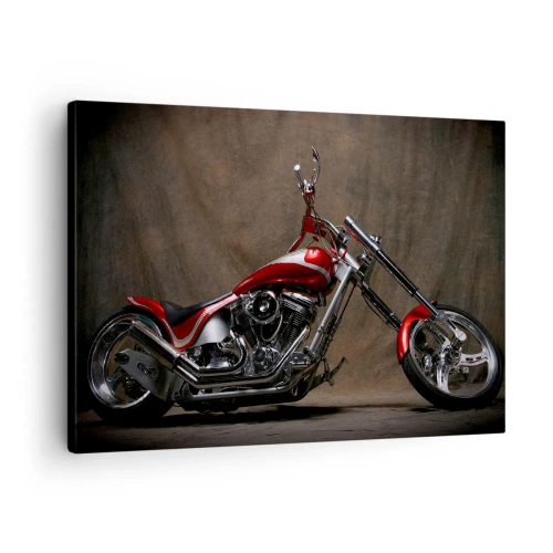 Schilderen op canvas - Rode custom motorfiets tegen een bruine stoffen achtergrond - 70x50cm - Rode en zilveren schoonheid - Moderne wanddecoratie voor woonkamer en slaapkamer ARTTOR