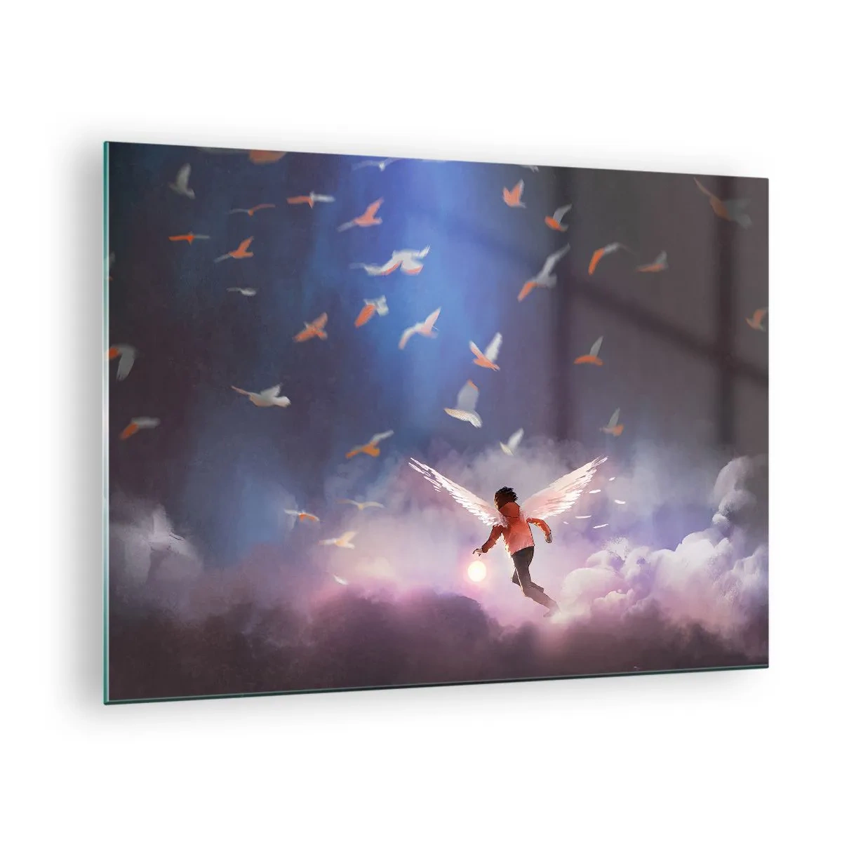 Schilderen op glas - Een figuur met engelenvleugels die tussen de wolken zweeft - 70x50cm - Je hebt verbeeldingskracht en moed nodig - Moderne wanddecoratie voor woonkamer en slaapkamer ARTTOR