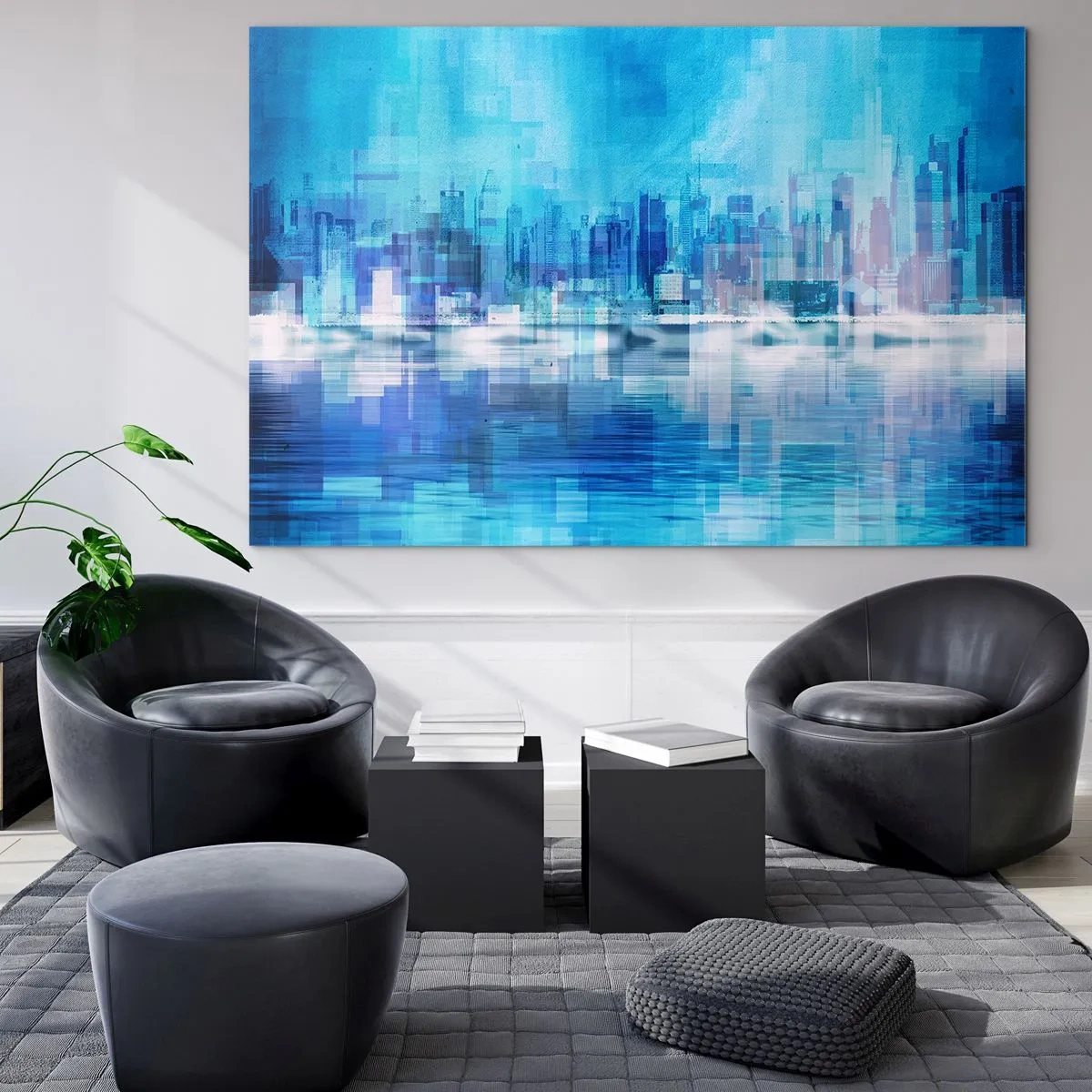 Schilderen op glas - Een modern stadsgezicht in tinten blauw - 70x50cm - Verdronken in het blauw - Moderne wanddecoratie voor woonkamer en slaapkamer ARTTOR