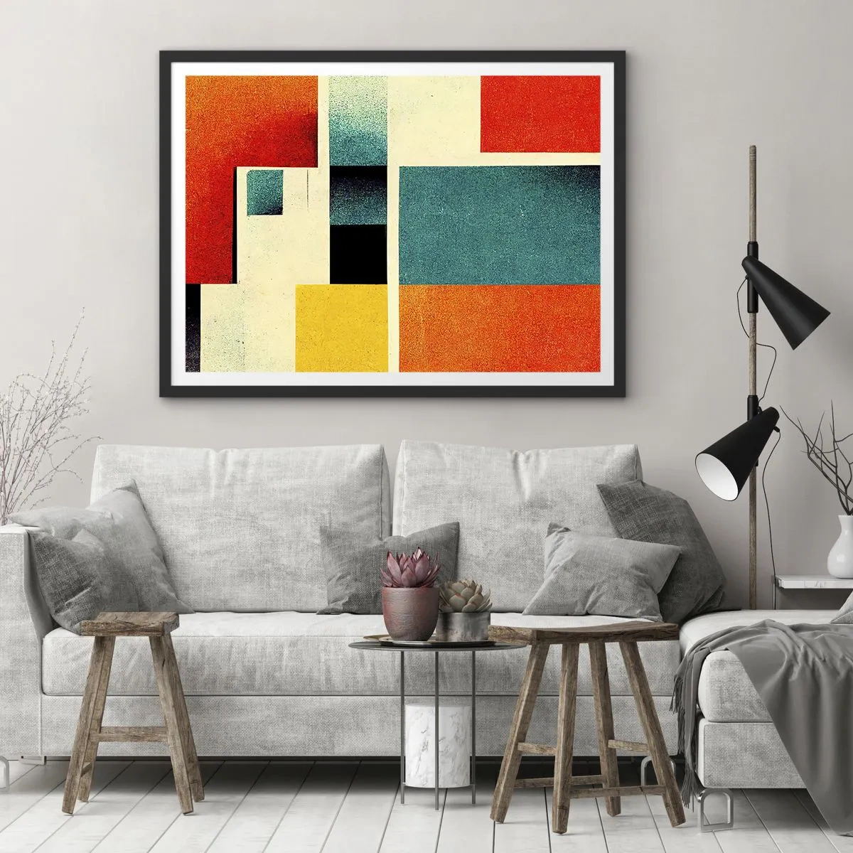 Poster in een zwarte lijst - Geometrische abstractie – goede energie - 70x50 cm