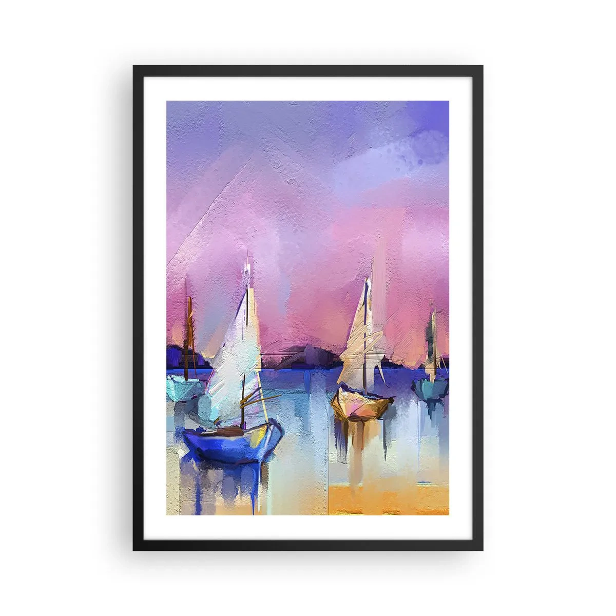 Poster in een zwarte lijst - Abstracte zeilboten op een kleurrijke achtergrond - 50x70cm - Richting: breed water - Moderne wanddecoratie voor woonkamer en slaapkamer ARTTOR