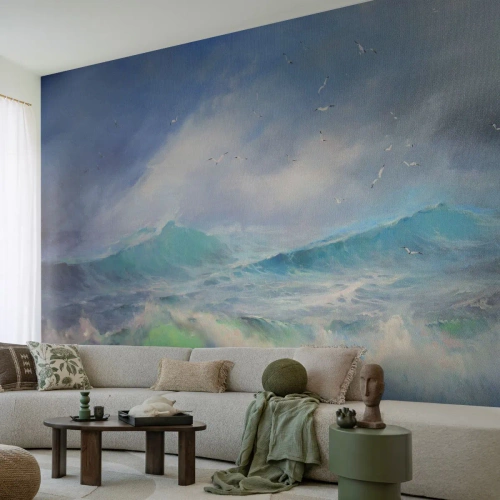 Fotobehang Premium Sand - 'De wervelwind huilde van triomf...' - Storm, Hoge golf, Vogels - 250x175 cm