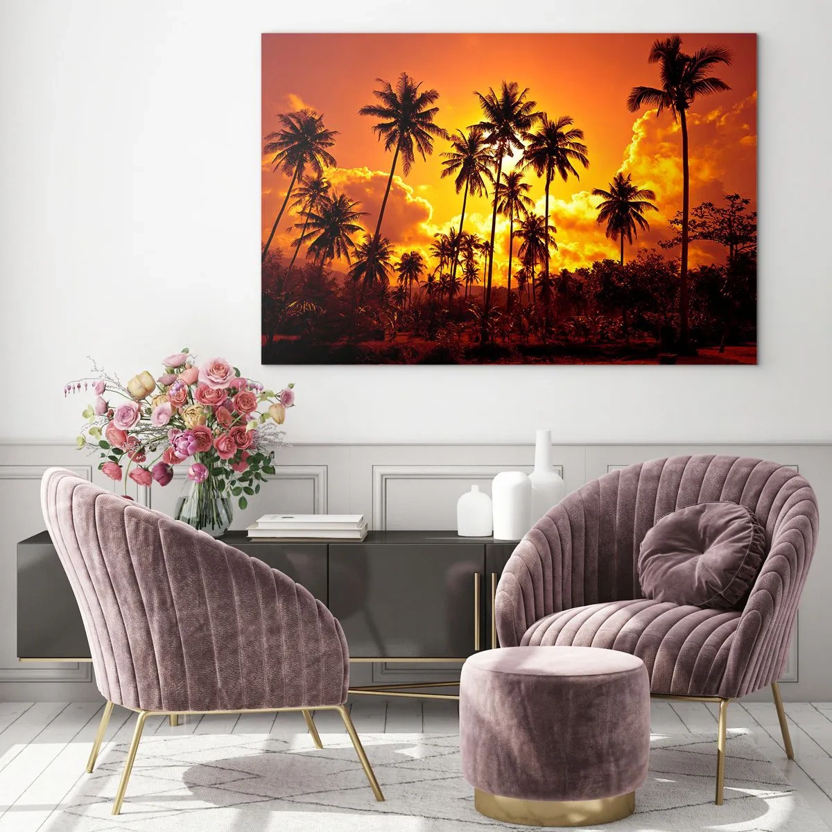 Schilderen op glas - Palmbomen tegen de achtergrond van een vurige zonsondergang - 70x50cm - Bergen staan