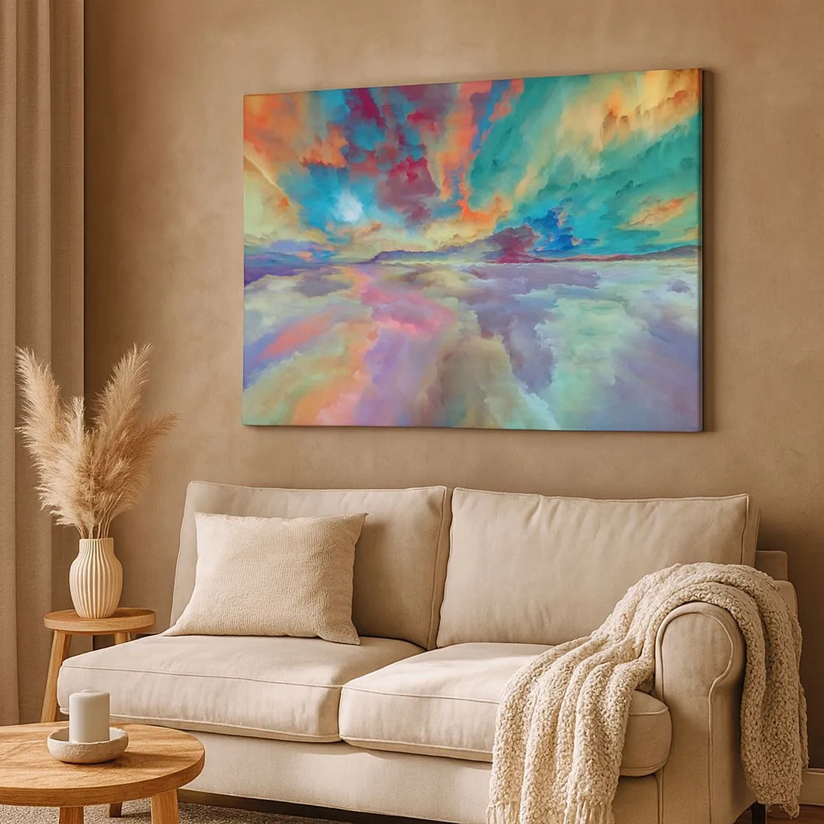 Schilderen op canvas - Kleurrijk wolkenlandschap in abstracte stijl - 70x50cm - Twee hemelen - Moderne wanddecoratie voor woonkamer en slaapkamer ARTTOR