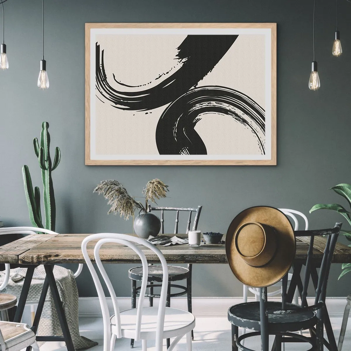 Een poster in een licht eiken lijst - Vegend en cirkevormig - 91x61 cm