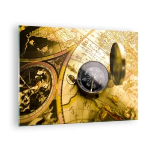 Schilderen op glas - Een gouden kaart met een kompas als avontuurlijk accent - 70x50cm - Of misschien naar het einde van de wereld? - Moderne wanddecoratie voor woonkamer en slaapkamer ARTTOR