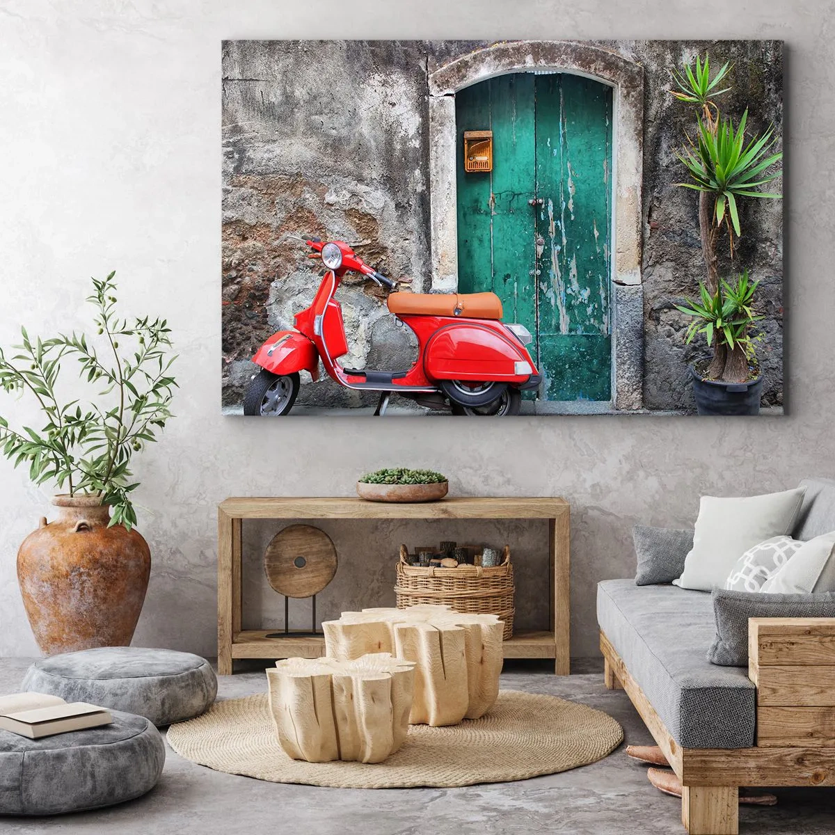 Schilderen op canvas - Rode scooter bij de groene deur - 70x50cm - Italiaanse vakantie - Moderne wanddecoratie voor woonkamer en slaapkamer ARTTOR