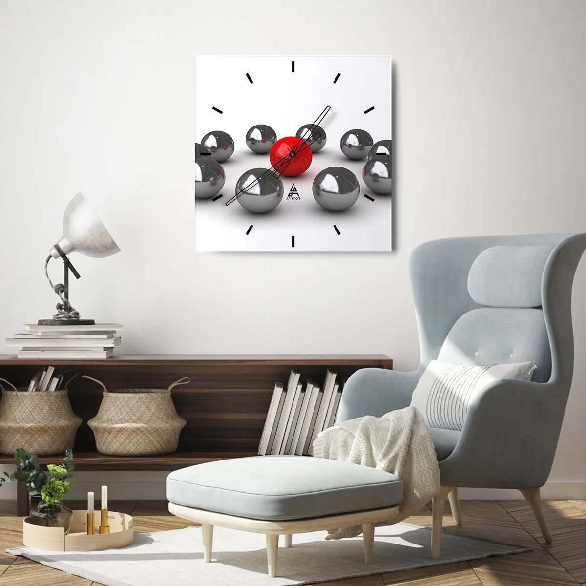 Wandklok - Klok - Een cirkel in zilver en rood - 30x30 cm