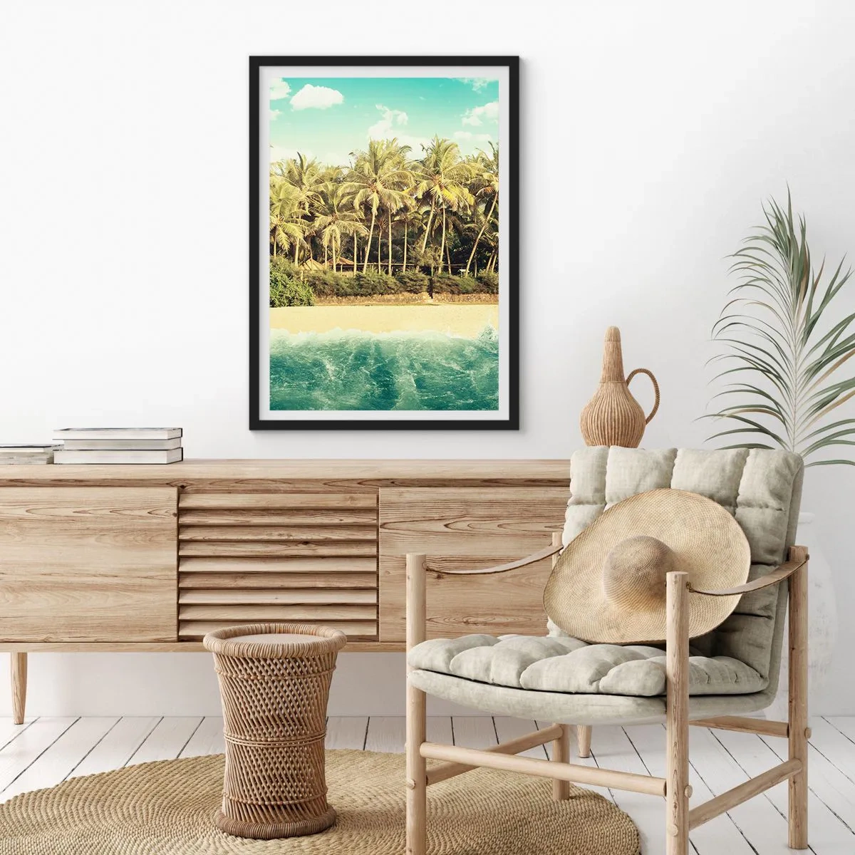 Poster in een zwarte lijst - Tropisch strand met palmbomen en azuurblauw water - 50x70cm - Hoe zit het hier? - Moderne wanddecoratie voor woonkamer en slaapkamer ARTTOR