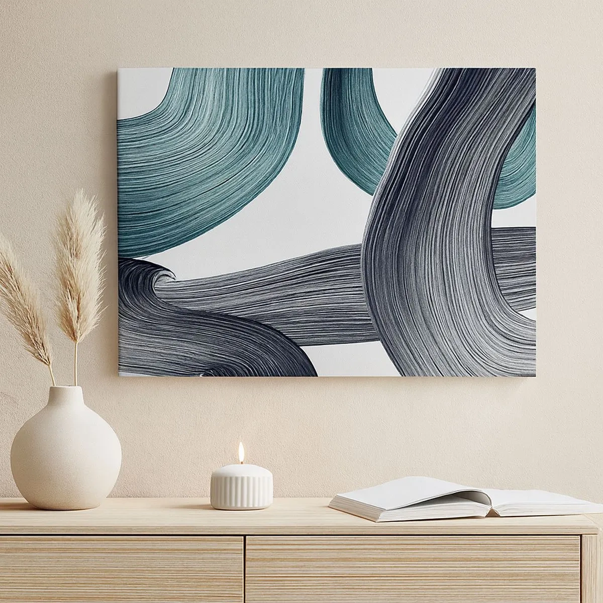 Schilderen op canvas - Vloeiende abstracte lijnen in tinten groen en grijs - 70x50cm - Smaragdgroene en zwarte paden - Moderne wanddecoratie voor woonkamer en slaapkamer ARTTOR