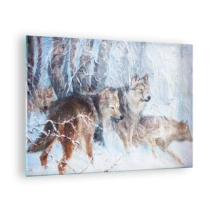Schilderen op glas - Drie wolven in een winterbos omringd door sneeuw - 70x50cm - Aandacht! Hier komt ... - Moderne wanddecoratie voor woonkamer en slaapkamer ARTTOR
